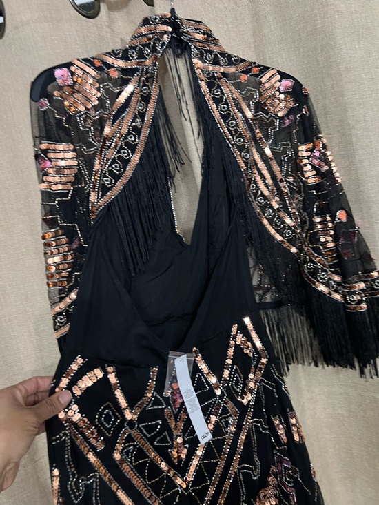 RARE Y2K ASOS design Black Sequin Fringe Maxi Dress with Pink & Rose Accents#A10 - Picture 2 of 16